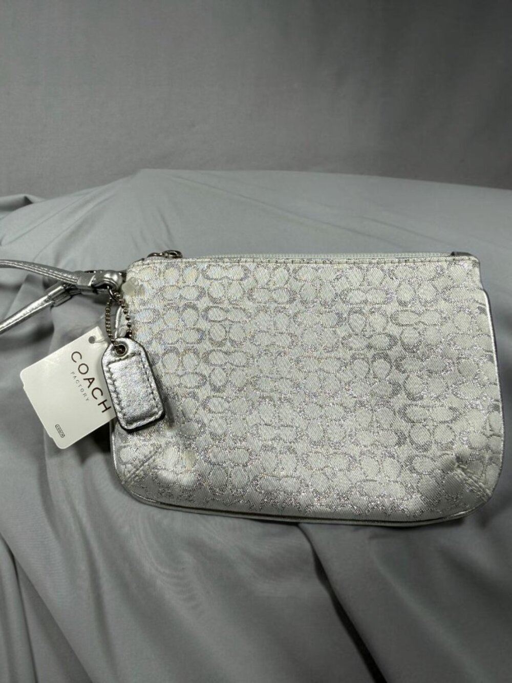 Coach F40317 Silver Metallic Signature C Wristlet NWT Y2K Glam